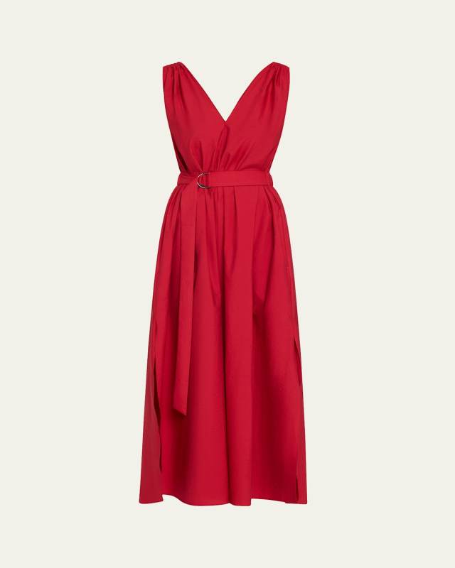 Monili-Shoulder Belted Crinkle Cotton Midi Dress